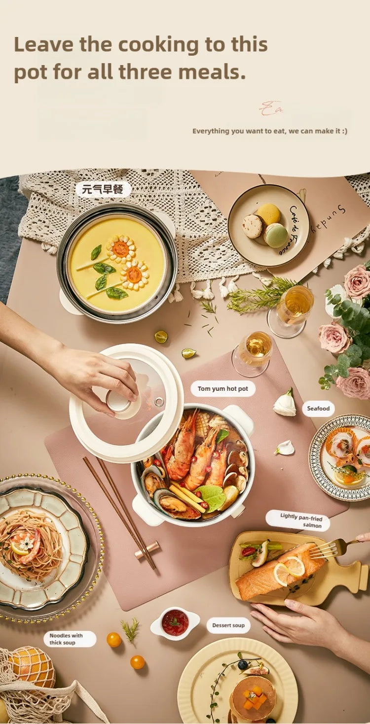 White electric multi cooker with steaming lid, meal-prep diagram with accessories shown
