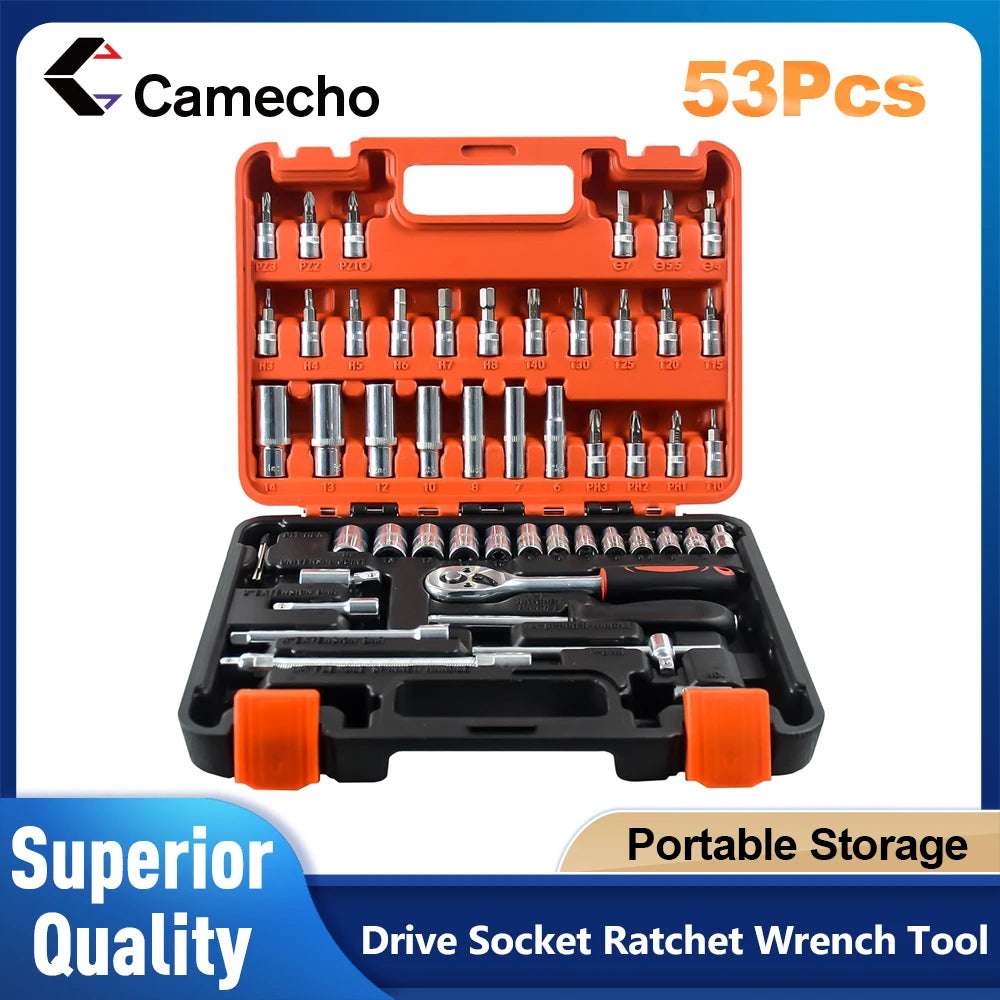 Camecho 53Pcs/Set 1/4-Inch Car Repair Tool Kit Socket Set Car Repair Tool Ratchet Torque Wrench Combo Auto Repairing Tool Set