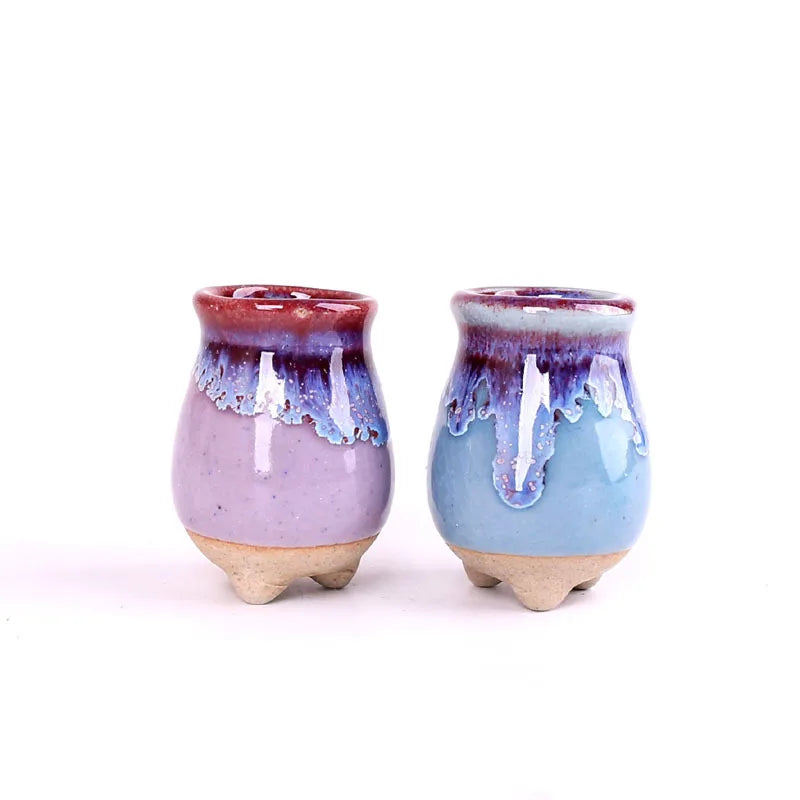 Pair of mini ice-crack ceramic succulent pots with purple and blue glazes and white drips