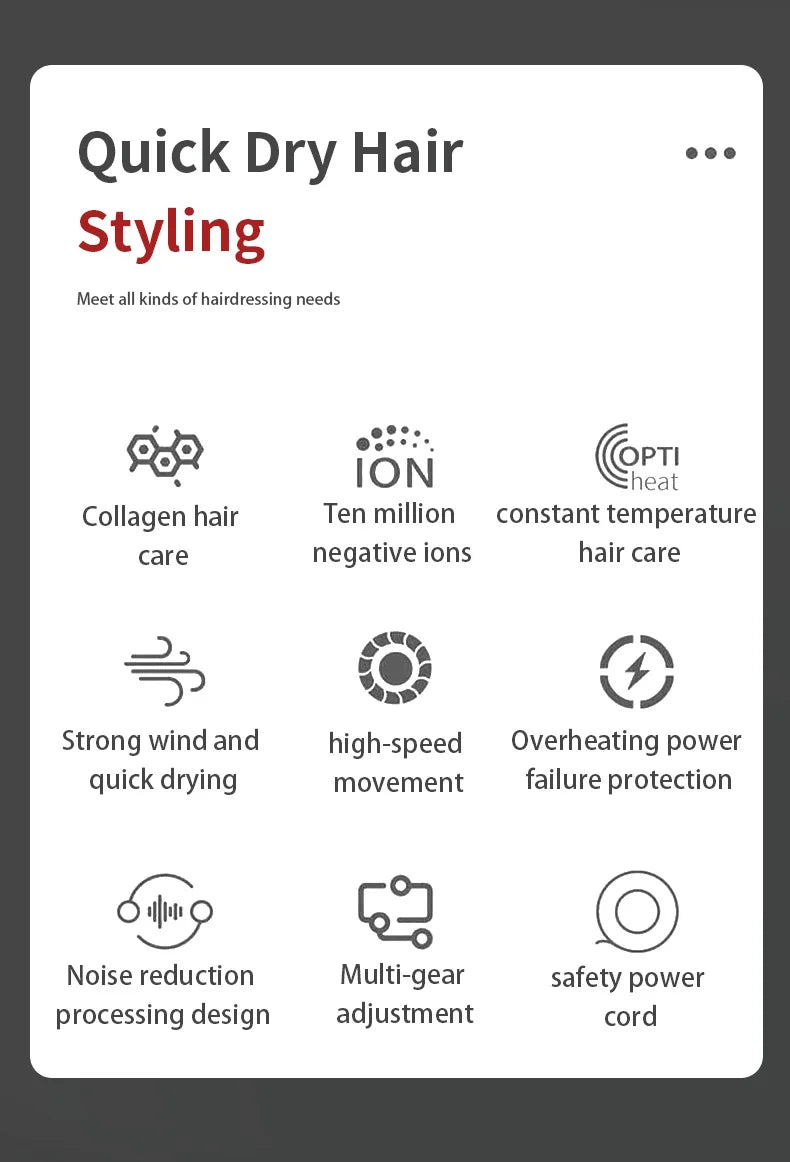 X6 professional ionic hair dryer features: 2400W quick drying, collagen hair care, and constant heat protection.