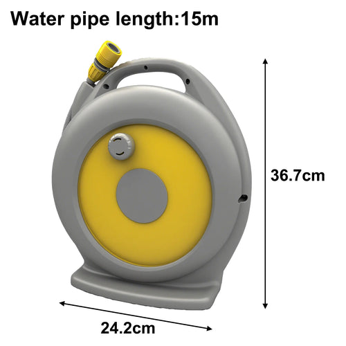 15m auto-retractable hose reel, grey housing with yellow center reel panel, front view
