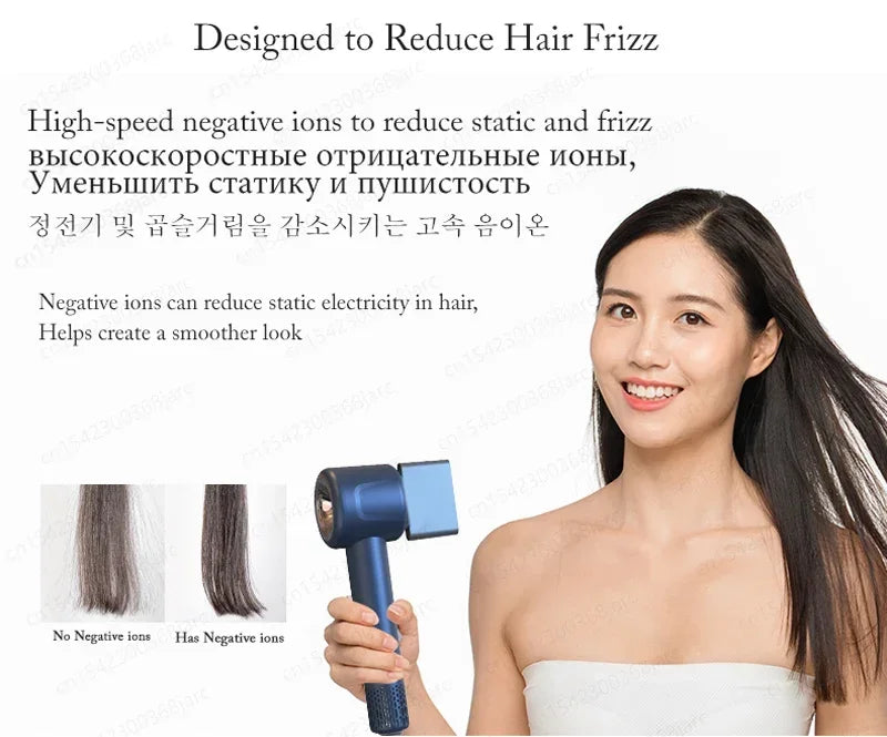Blue 1600W leafless hair dryer with styling attachment, featuring negative ion technology for smooth, frizz-free hair.