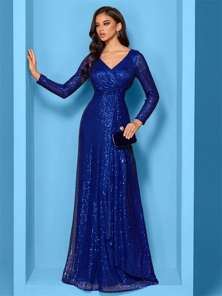 Luxury Floor Length V-Neck Evening Dresses 2025 Women Elegant Wedding Party Maxi Dress Sequins Long Sleeves Prom Cocktail Gowns