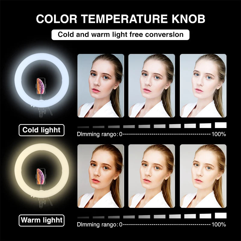 Round LED ring light with phone holder, showing adjustable color temperature and brightness settings for portrait