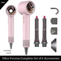 Pink 1600W leafless negative ion hair dryer with 6 styling attachments and 3.3m cord for professional hair care.