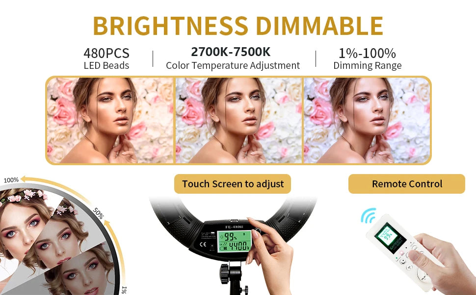 LED ring light with LCD display, 480 LED beads, adjustable color temperature (2700K-7500K), remote, and touch controls.