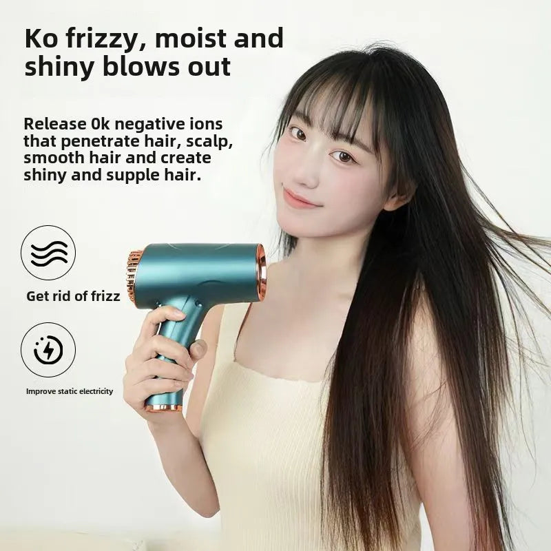 Portable teal negative ion hair dryer with gold accents, held by a woman for smooth, frizz-free, professional styling.