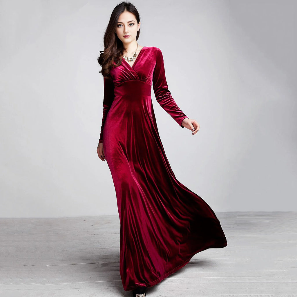Vintage Women Autumn Long Sleeve V Neck Pleated Velvet Banquet Party Maxi Dress Party Wedding Elegant Evening dress 