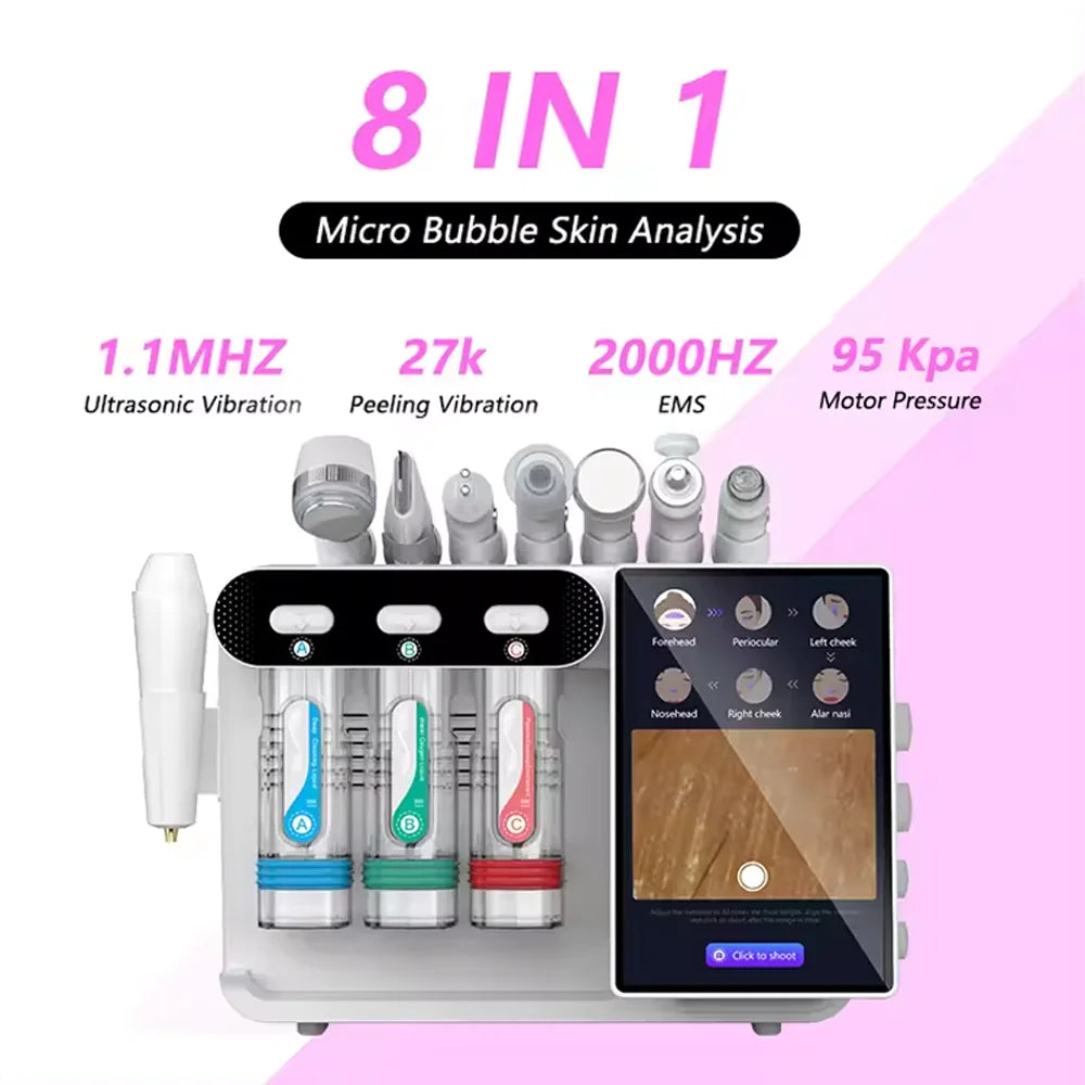 8-in-1 hydro facial machine with ultrasonic, EMS, and peeling probes, plus touch screen for home spa skin cleansing.
