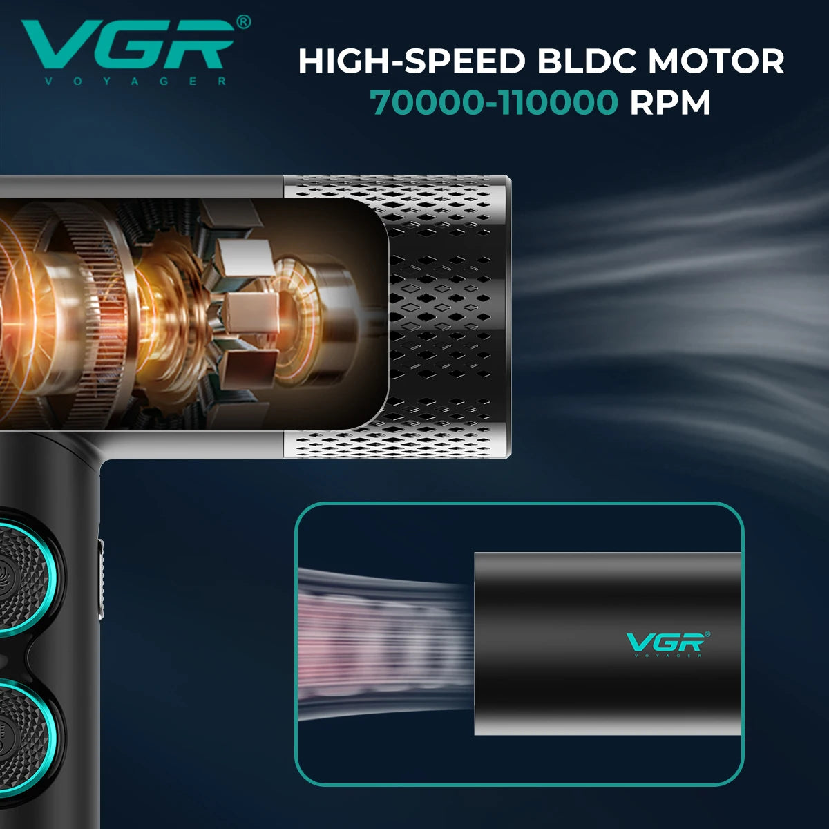 VGR V-401 professional hair dryer with 110,000 RPM BLDC motor, black design, and negative ion technology.