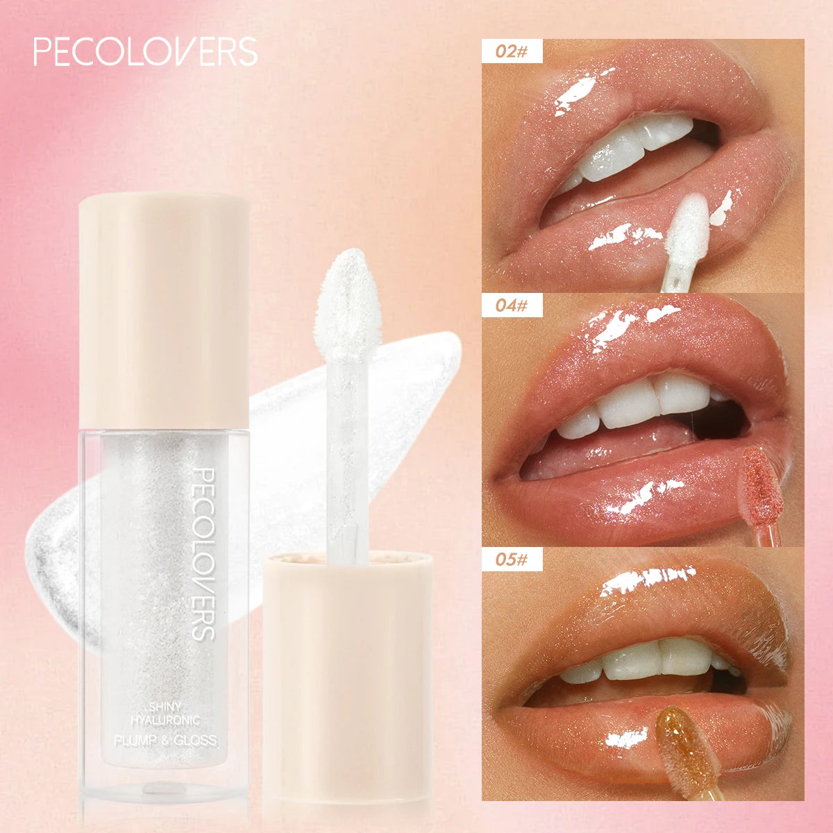 Pecolovers moisturizing glitter plumping lip gloss with high-shine mirror finish and sheer shimmer shades.
