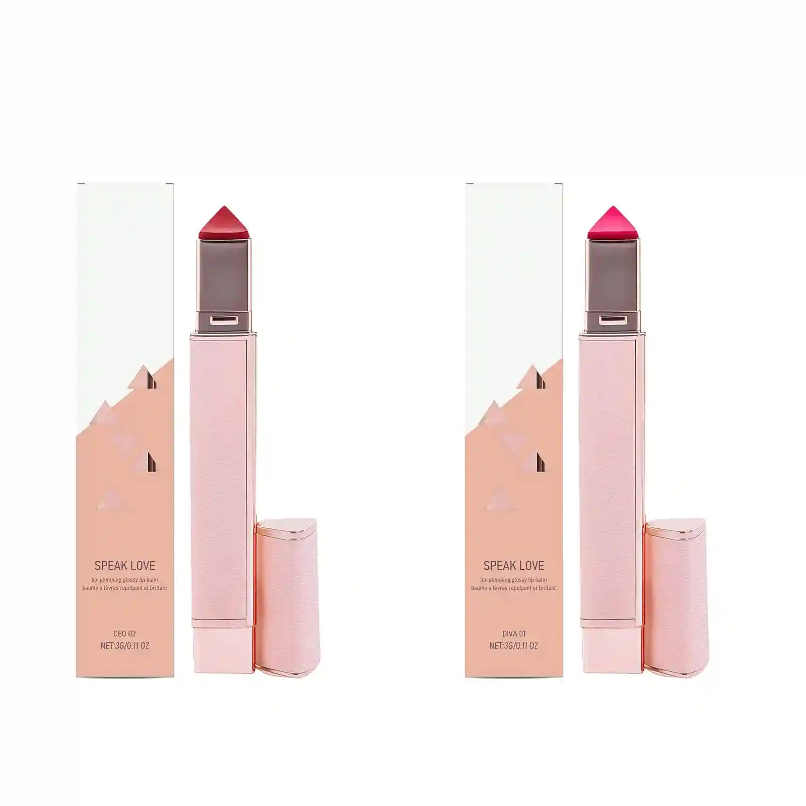Two glossy, hydrating lip balm sticks in pink tubes with triangular tips for plumping and moisturizing dry lips.