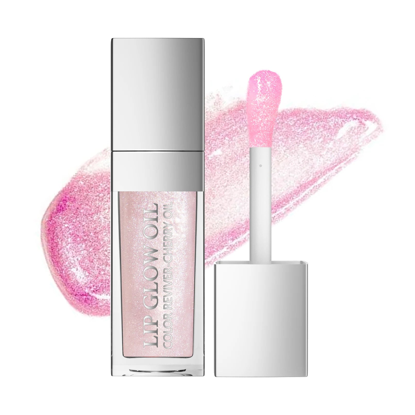 Shimmery pink crystal jelly lip glow oil with applicator, moisturizing plumping lip gloss for a sexy, shiny finish.