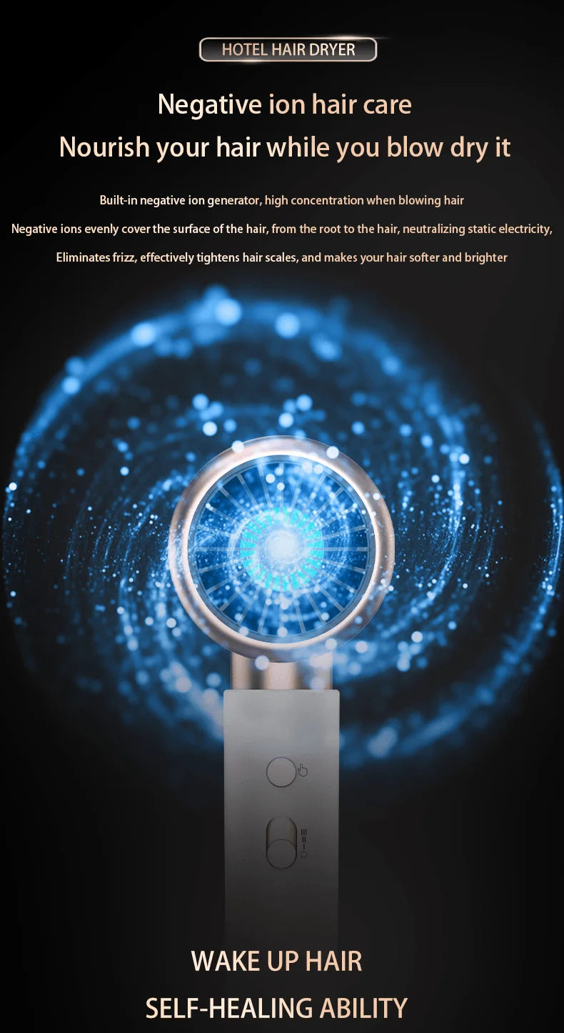 HOMEFISH ionic wall-mounted hair dryer in grey with glowing blue light for frizz-free, professional salon hair care.