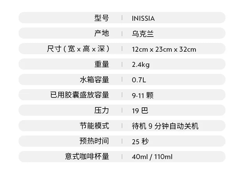 Nespresso Inissia espresso machine product specifications card featuring 0.7L tank, 19 bar pressure, and dimensions.