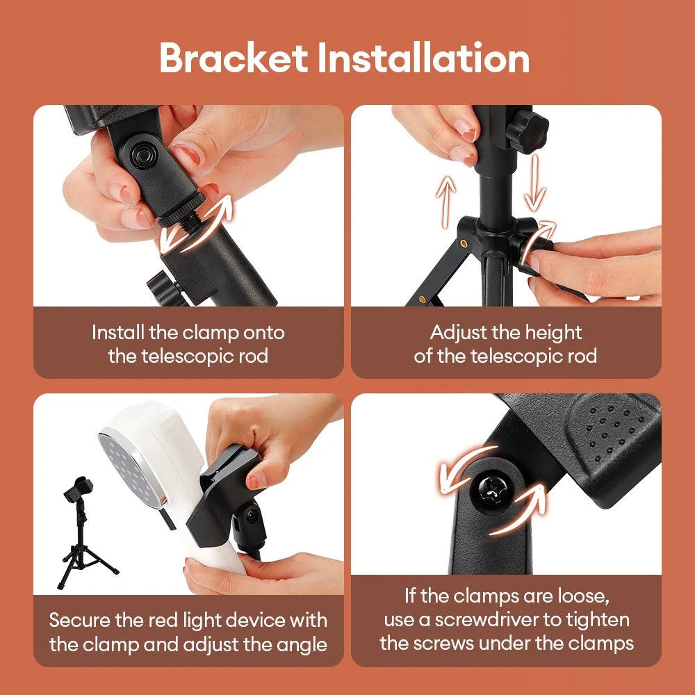 Four-panel instruction guide showing how to assemble a black tripod stand for a white infrared red light therapy device.