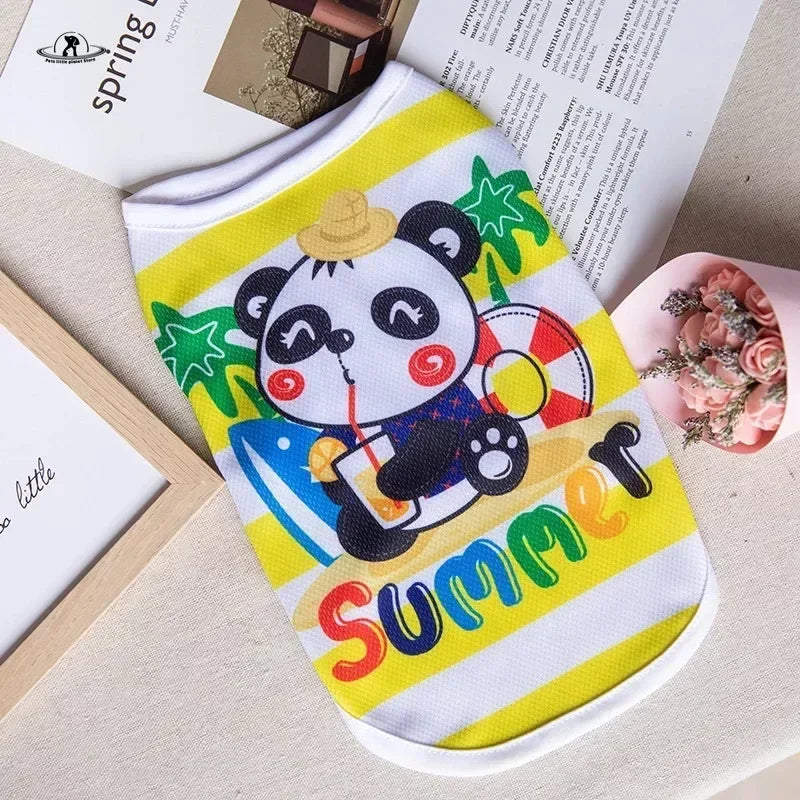 Cute summer panda print dog vest shirt for small pets, lightweight breathable apparel for warm weather walks.