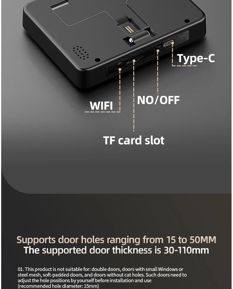 Danmini 4.3'' Visual Doorbell Peephole 1080P Camera App Remote Control Digital Cat Eye Night Vision Outdoor Monitor Door Viewer