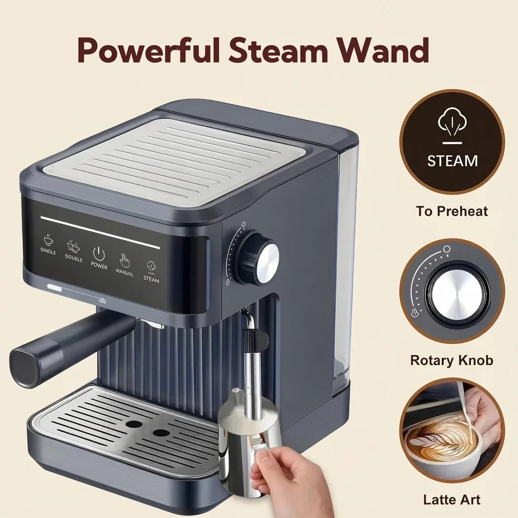 Dark gray espresso machine with touch control panel, steam wand, rotary knob, and stainless steel drip tray.