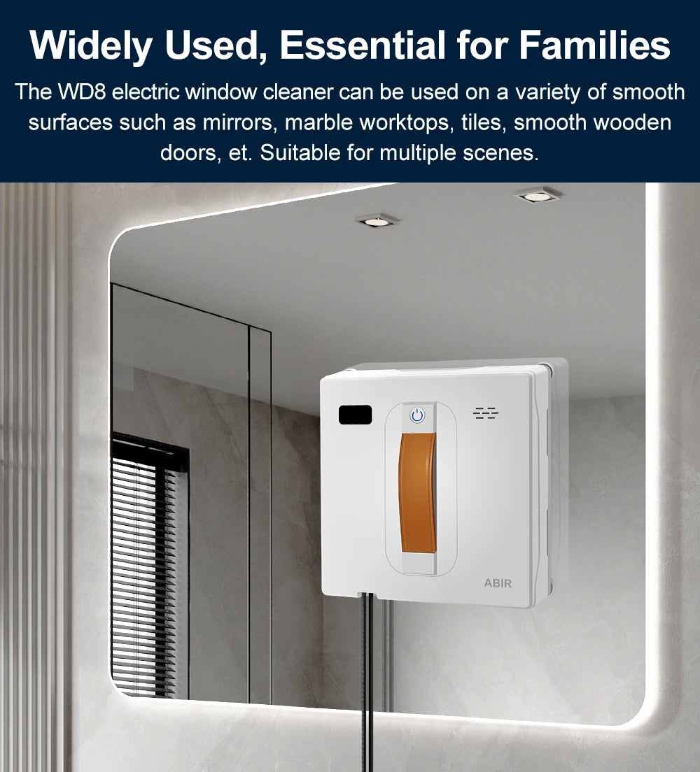 Tidesmit ABIR WD8 robot window cleaner with dual water spray, laser sensor, and app control for glass wall cleaning.