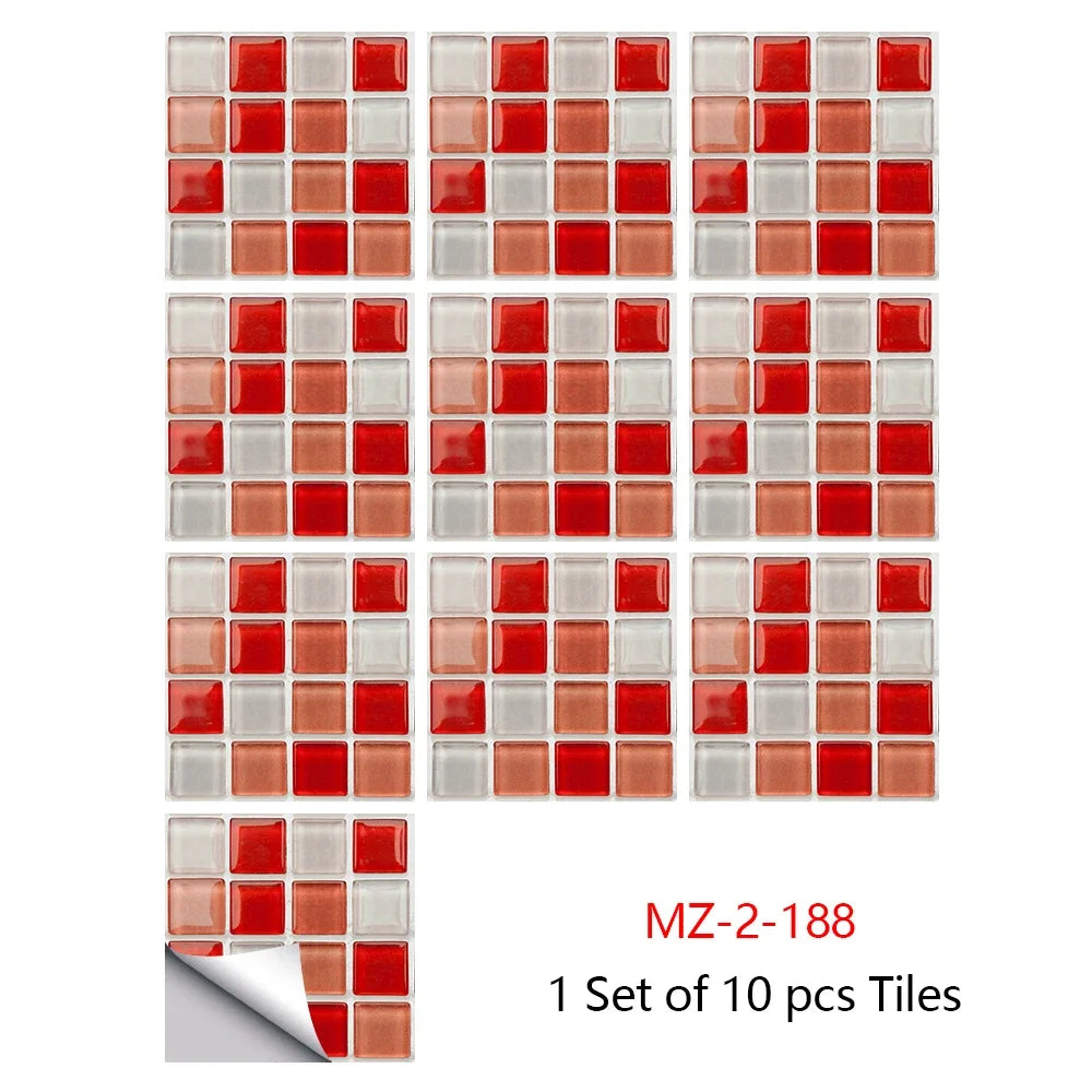 Mosaic tile sticker set with red and gray square pieces, peel-and-stick for walls