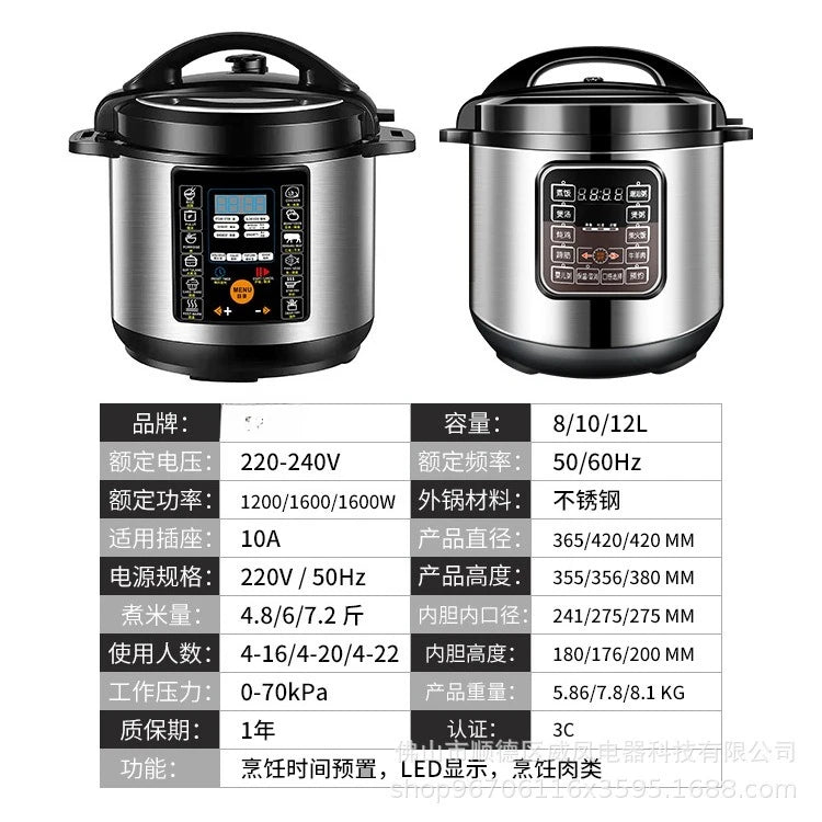 Electric pressure cooker rice cooker in stainless steel, shown from front and rear angles.