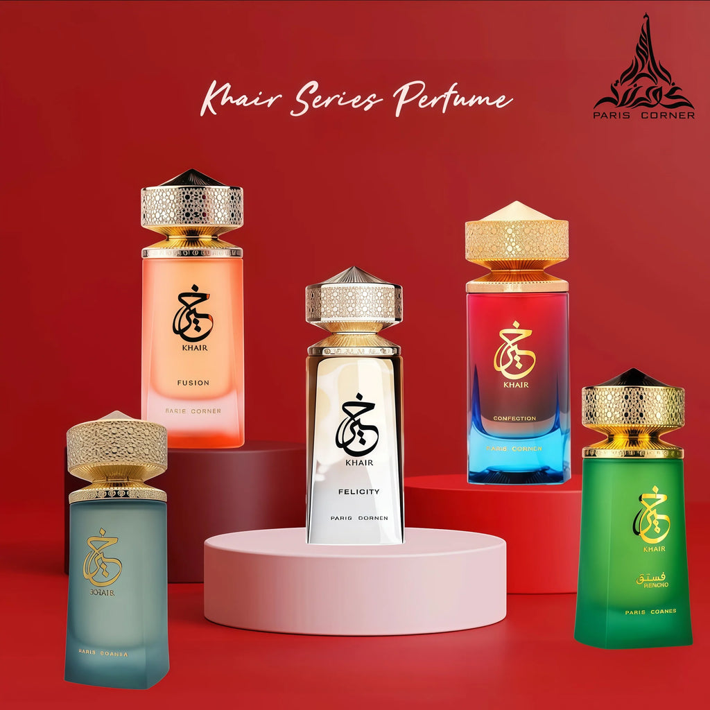 Paris Corner Khair Series EDP perfume collection: luxury bottled fragrances for women in gold-capped glass bottles.