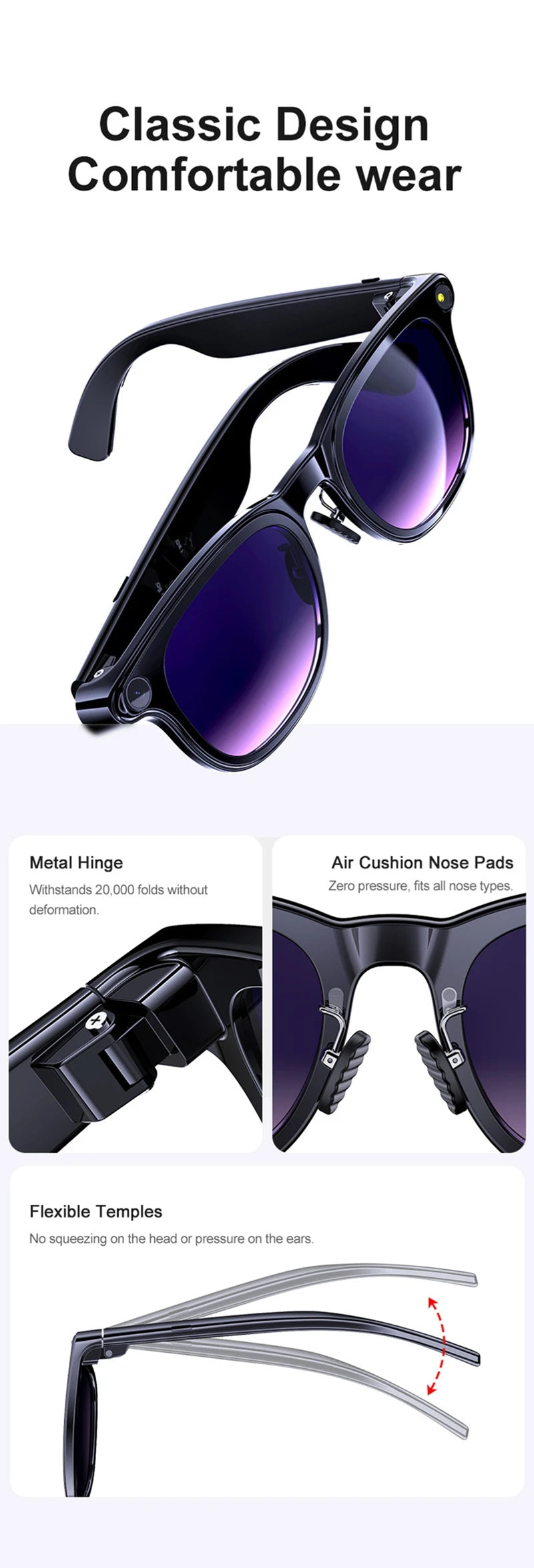 Smart Glasses with 8K Camera, Bluetooth Audio & 3-Lens Set Tidesmit