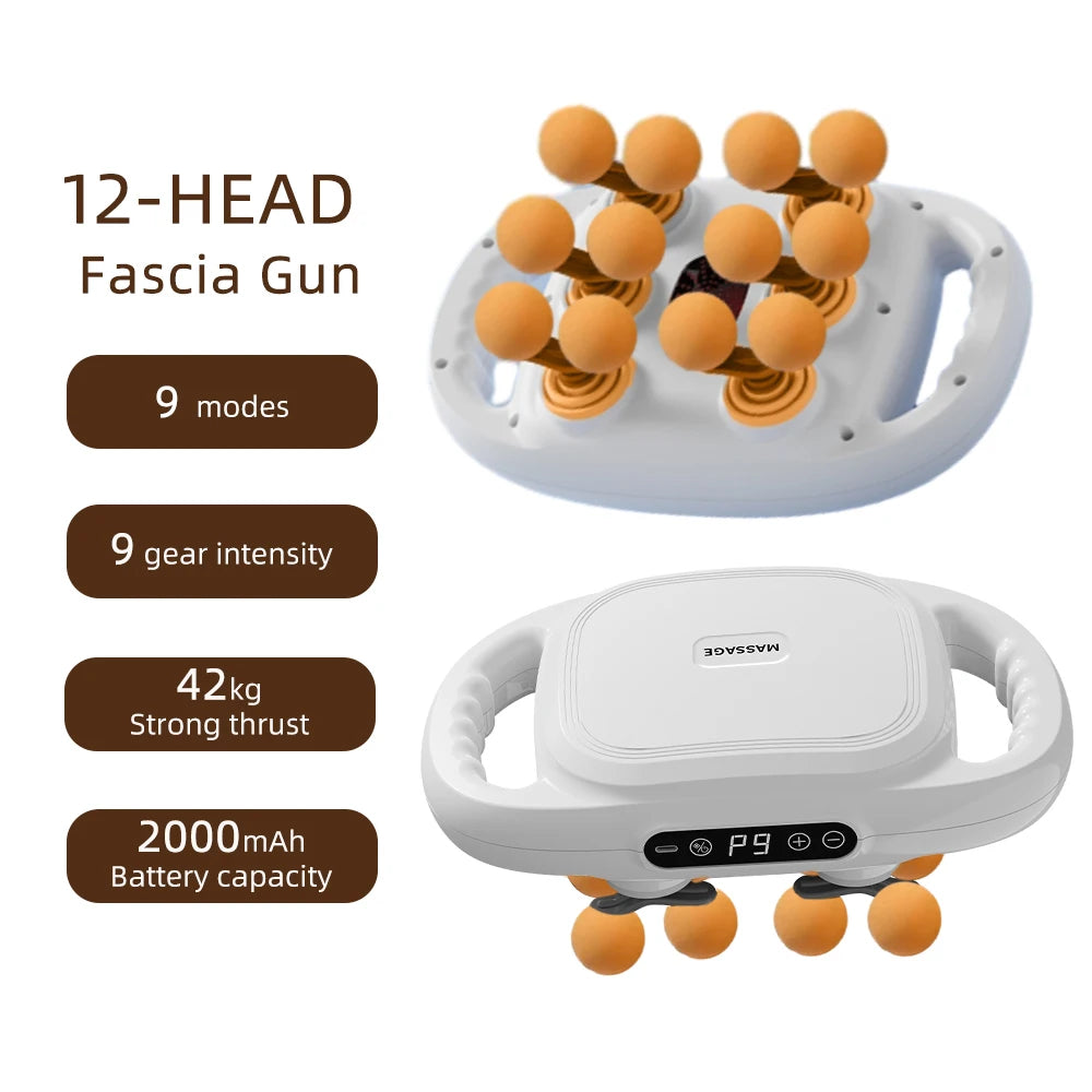 12-head white fascia massage tool with orange spherical nodes, digital display, and side handles for body muscle