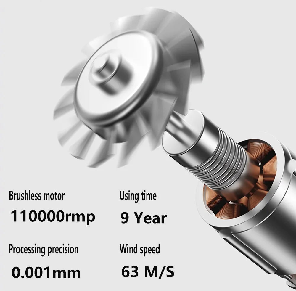 High-speed brushless motor for hair dryer, 110,000 RPM precision engineering, durable silver styling tool component.
