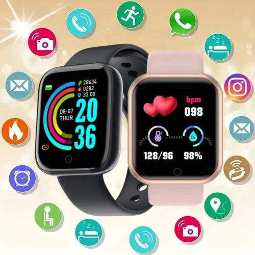 Smart watch fitness and sleep tracker with heart rate, calorie, and distance monitoring, front view of two color variants.