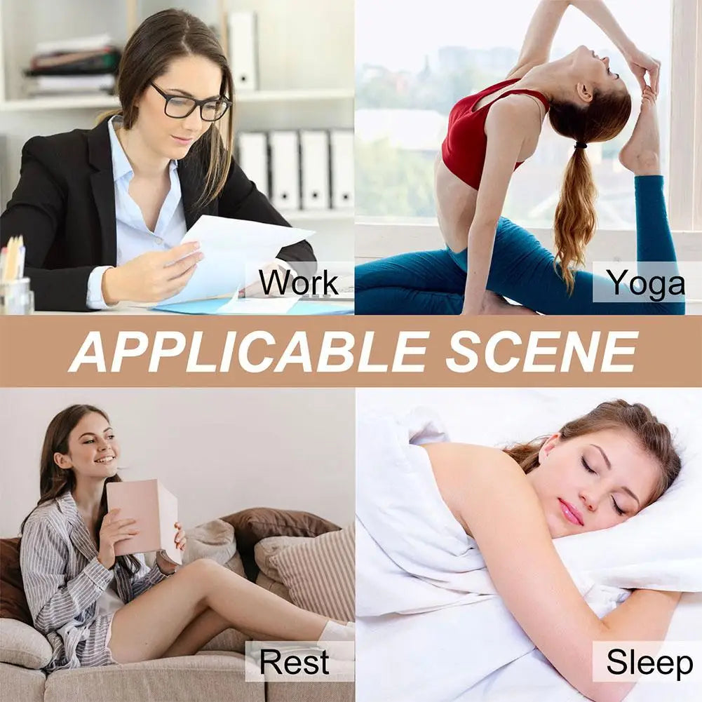 A four-panel collage showing women using kinesiology face tape while working, doing yoga, resting, and sleeping.
