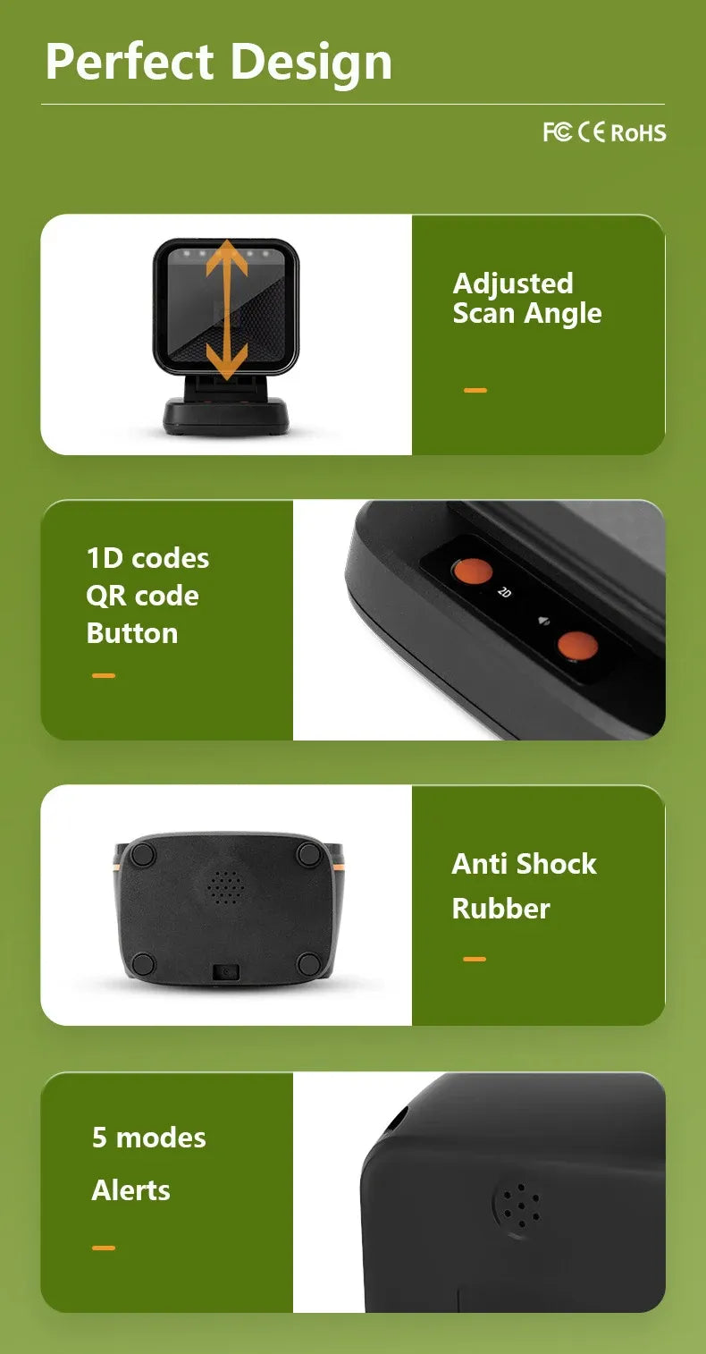 Desktop barcode scanner with adjustable scan angle, orange accents, and base