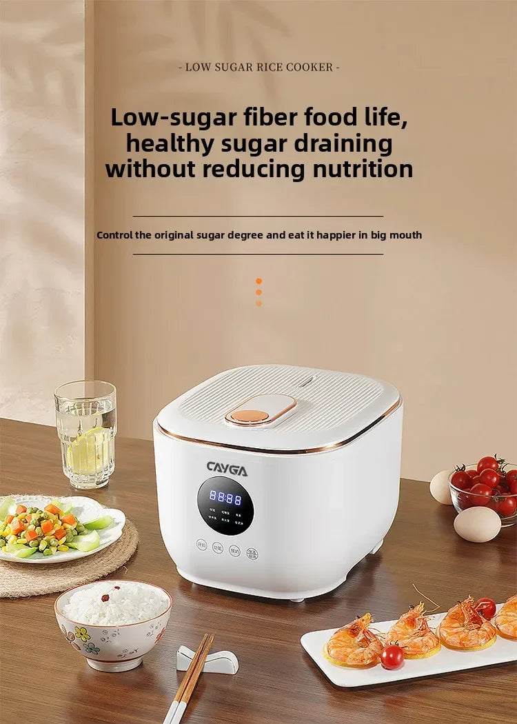 White CAYGA low-sugar rice cooker with digital panel and small bowls on table