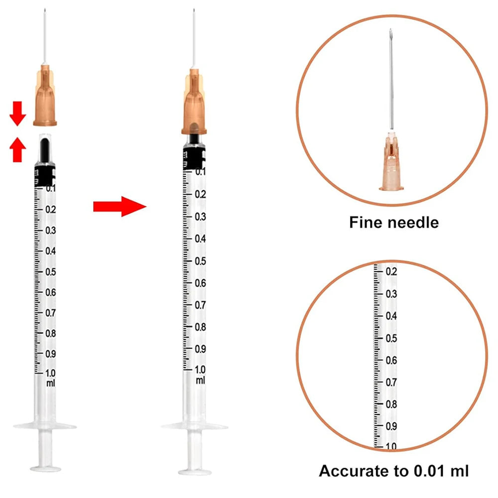 100 pack of 1ml plastic syringes with fine needles for precise pet feeding, lab use, and industrial fluid dispensing.