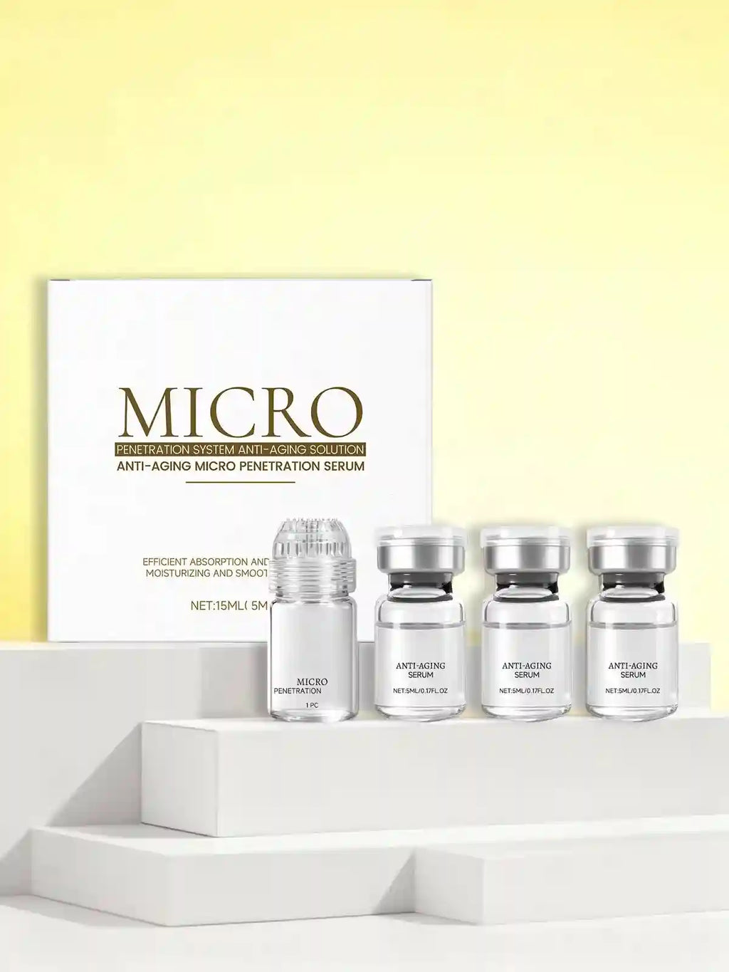 Micro Anti-Aging Penetration Serum set: four glass vials in a white box for firming, hydrating, and pore-cleaning care.
