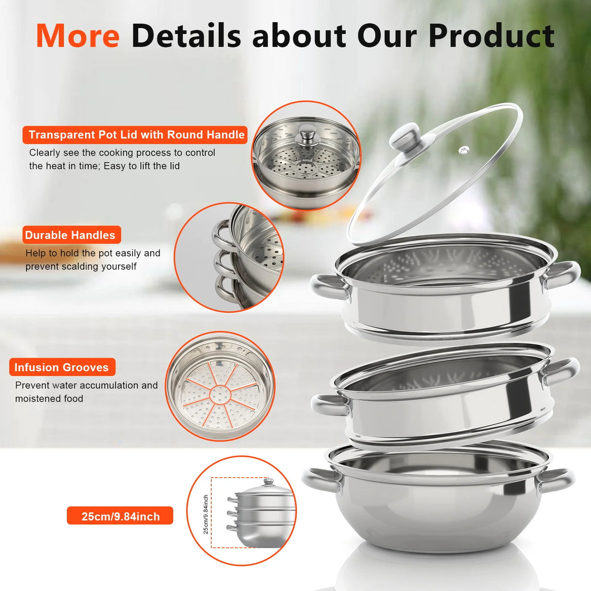 Stainless steel steamer set with transparent lid, durable side handles, and perforated steam trays