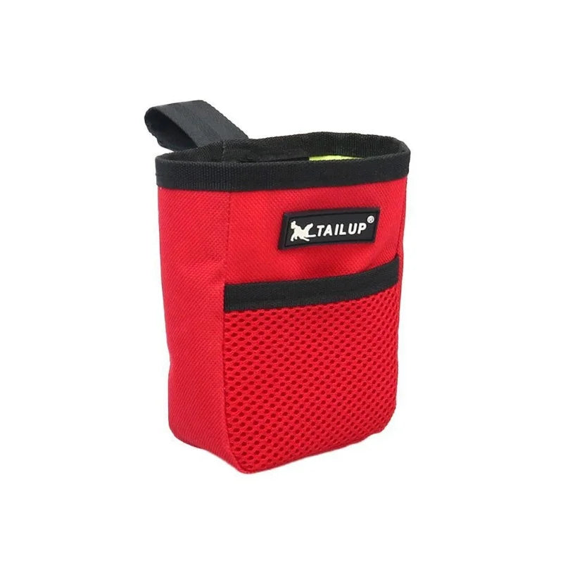 Red nylon dog training treat pouch with mesh pocket for easy access to snacks during obedience and agility sessions.