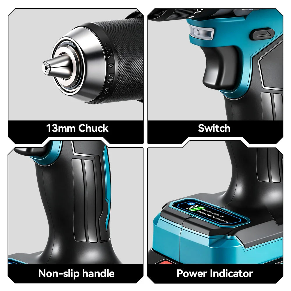 ONEVAN 13MM 650N.M Brushless Electric Impact Drill 20+3 Torque Electric Hammer Drill Power Tool For Makita 18V Battery Pin