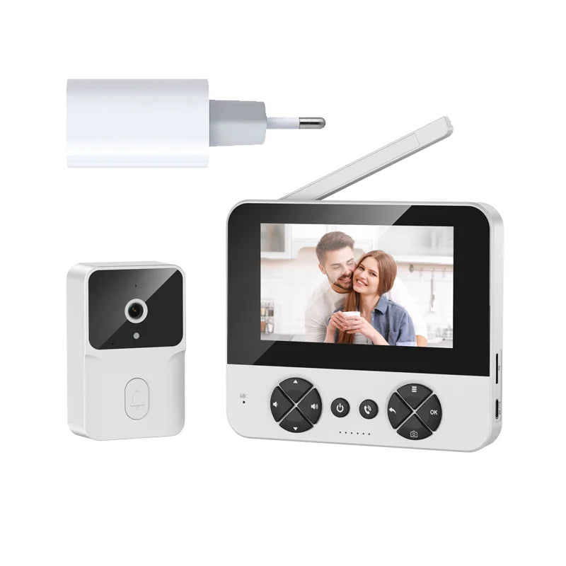 Wireless video doorbell set with white outdoor camera and indoor monitor with white antenna