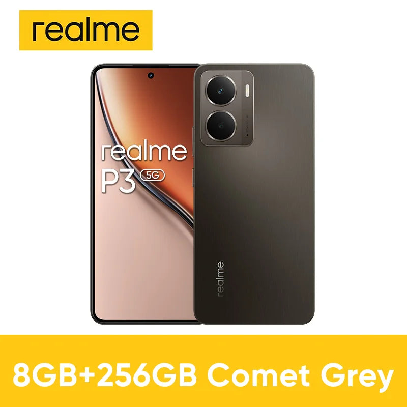 Realme P3 5G Comet Grey, front and back view, 120Hz AMOLED, Snapdragon 6 Gen 4, 50MP AI camera.
