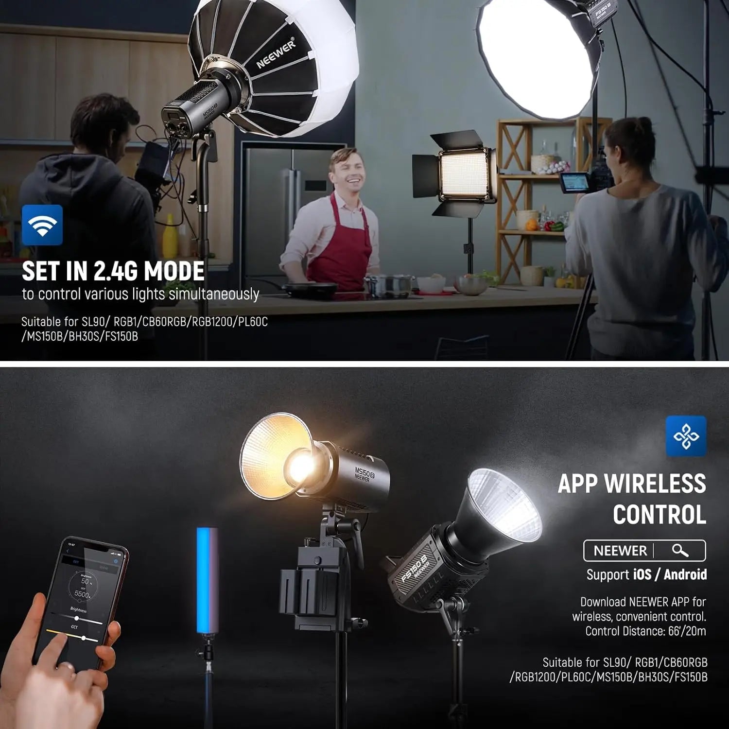 FS150B LED studio lights on tripod stands with reflectors and a softbox for wireless multi-light video production.