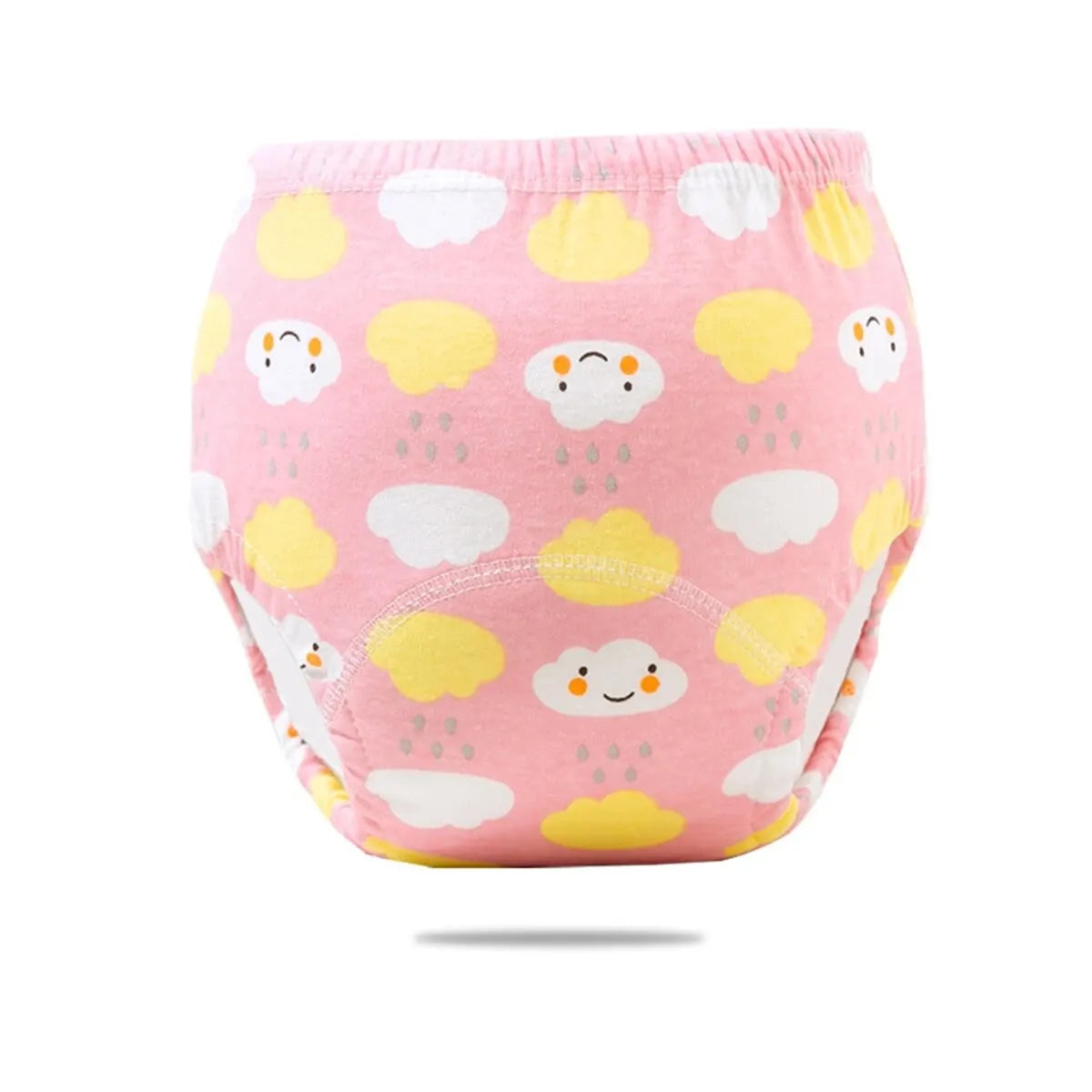 Pink baby potty training pants with cute yellow and white cloud print for toddler care.