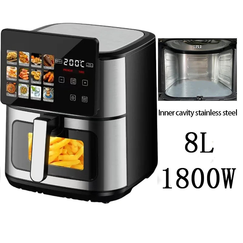 Smart Electric Air Fryer Household Multifunctional Automatic Potato Chip Machine 8L Stainless Steel Interior With Window