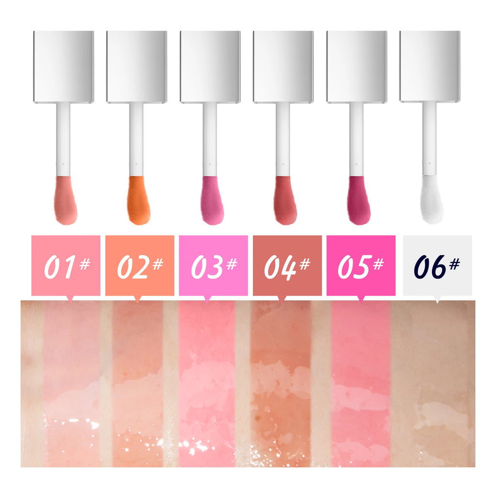 Six shades of crystal jelly moisturizing lip oil with plumping gloss texture and skin swatch samples.