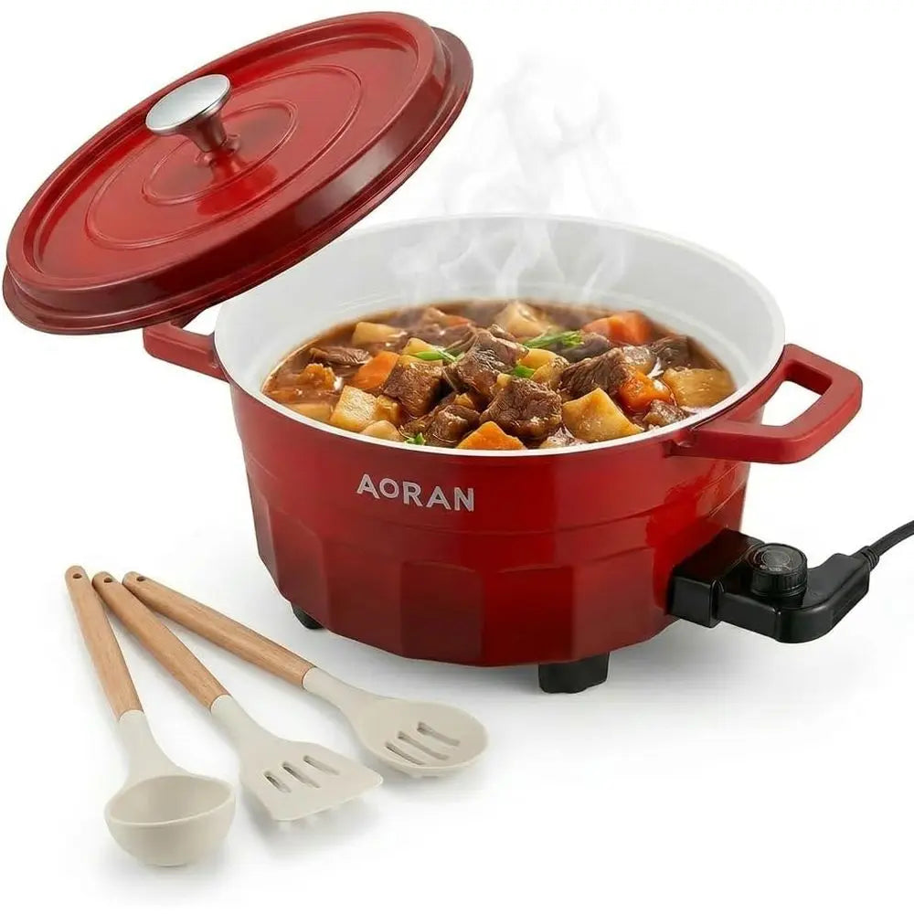 Red electric hot pot cooker with lid, side handles, and wooden utensils set