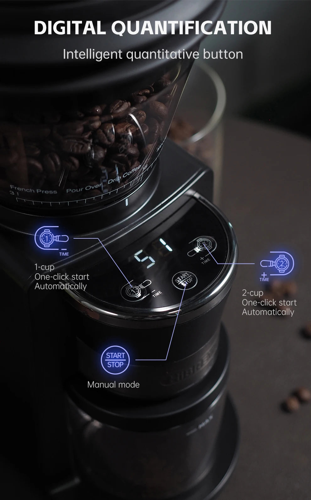 Black digital coffee grinder with quantitative settings and cup selector for precise automated brewing.