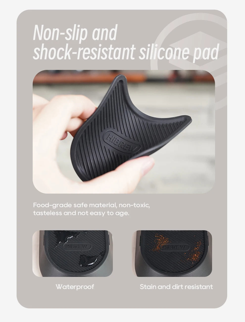 HiBREW black silicone non-slip, shock-resistant, waterproof and stain-resistant accessory mat for coffee machines.