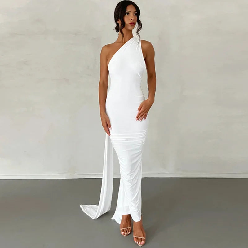 2023 One Shoulder Backless Adjustable Scarf Loop Ruched Sexy Maxi Dress Women Elegant Y2K Streetwear Festival Outfit