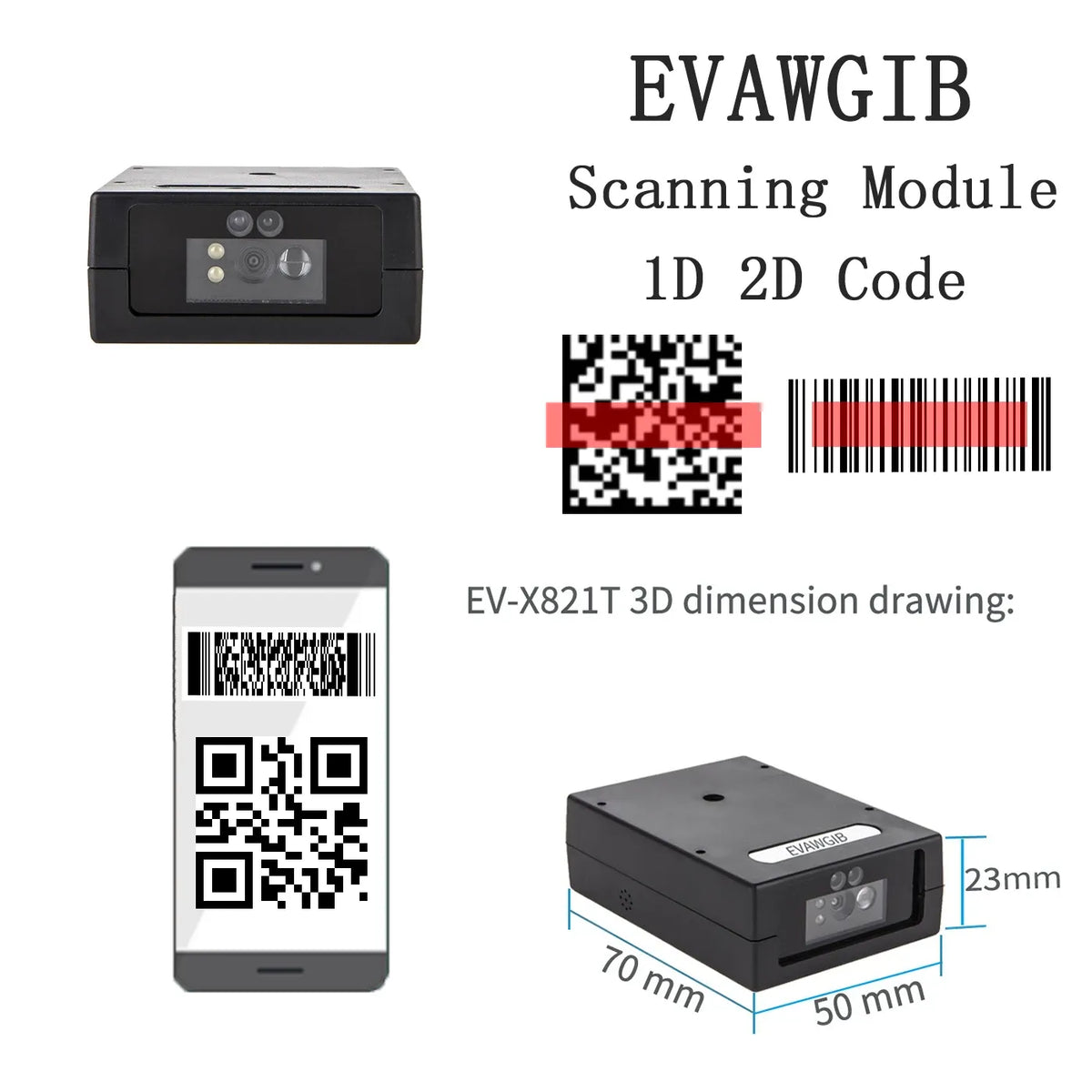 1D/2D barcode scanning module with QR code and barcode shown